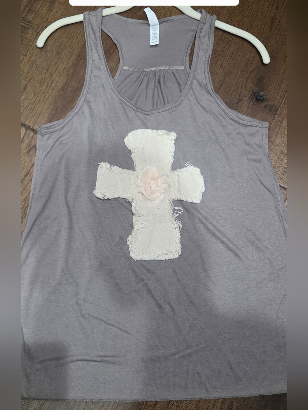Taupe Racerback Tank with Frayed Cross Applique